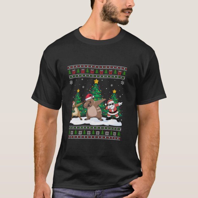 Dabbing Santa Reindeer Capybara Tree Lights Ugly X T-Shirt (Front)