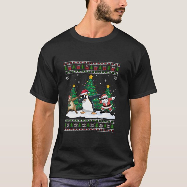 Dabbing Santa Reindeer Penguin Tree Lights Ugly Xm T-Shirt (Front)