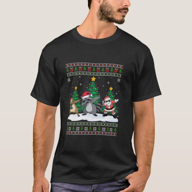 Dabbing Santa Reindeer Raccoon Tree Lights Ugly Xm T-Shirt (Front)