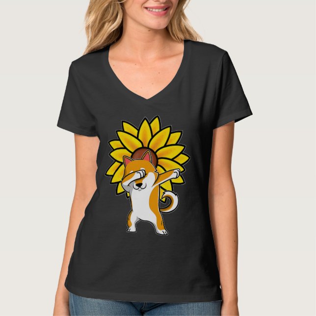Dabbing Shiba Akita Inu Dog Sunflower Autism Aware T-Shirt (Front)