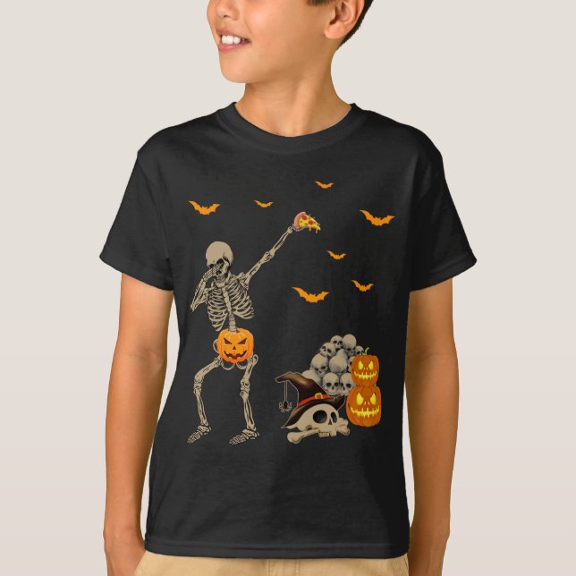Dabbing Skeleton Eating Pizza Scary Pumpkins Skull T-Shirt (Front)