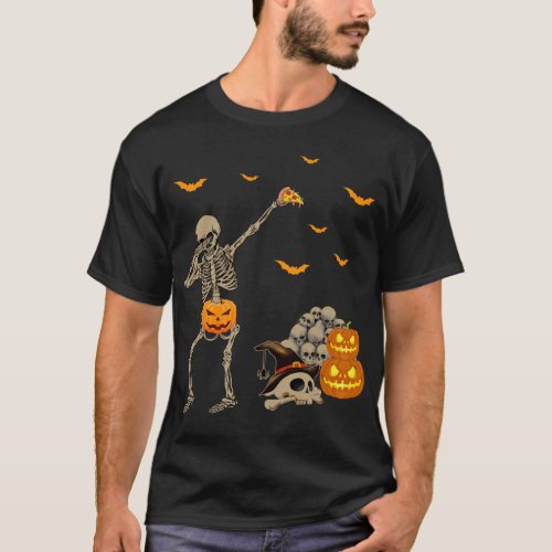 Dabbing Skeleton Eating Pizza Scary Pumpkins Skull T_Shirt