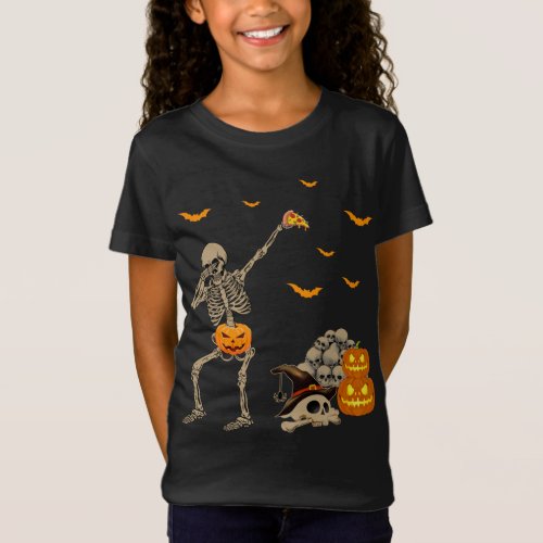 Dabbing Skeleton Eating Pizza Scary Pumpkins Skull T_Shirt