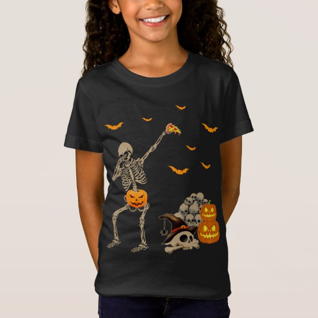 Dabbing Skeleton Eating Pizza Scary Pumpkins Skull T-Shirt (Front)