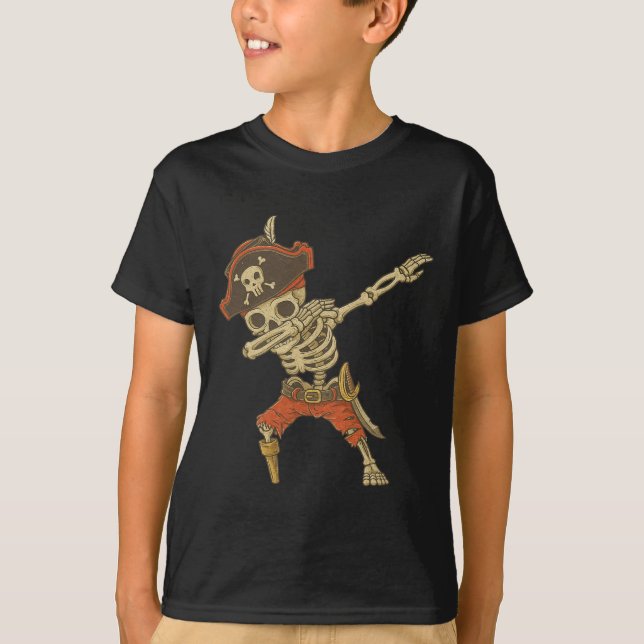 Dabbing Skeleton Pirate Halloween Kids Jolly Roger T-Shirt (Front)