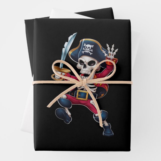 Dabbing Skeleton Pirate Halloween Kids Jolly Roger Wrapping Paper Sheets (In situ)