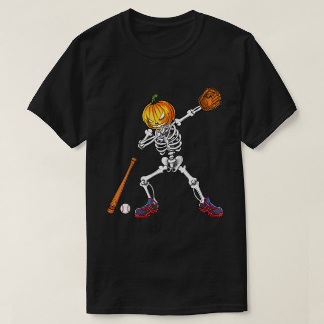 Dabbing Skeleton Pumpkin Baseball Halloween T-Shirt (Design Front)