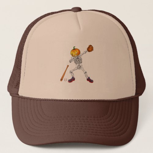 Dabbing Skeleton Pumpkin Baseball Halloween Trucker Hat