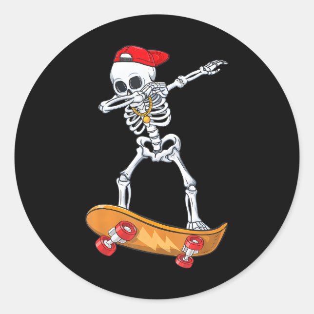 Dabbing Skeleton Skateboarding funny Skater Classic Round Sticker (Front)