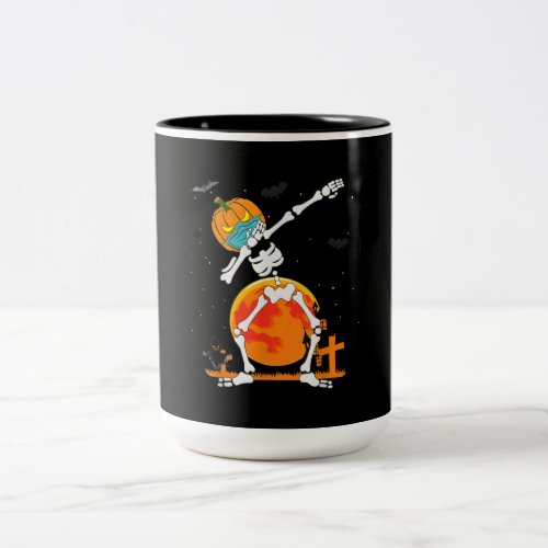 Dabbing Skeleton Wear Mask Pumpkin Halloween Dance Two_Tone Coffee Mug