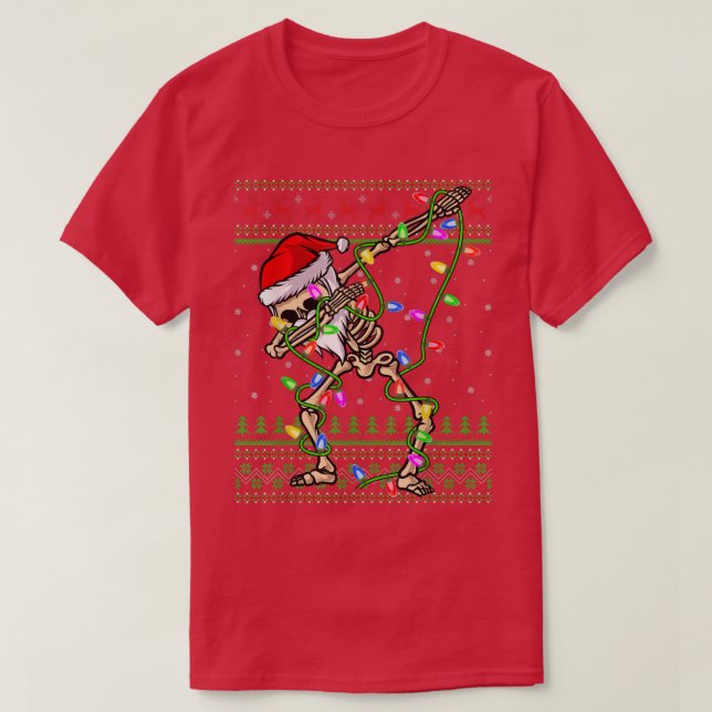 Dabbing Skeleton Xmas Lights Ugly Santa Skeleton C T-Shirt (Design Front)
