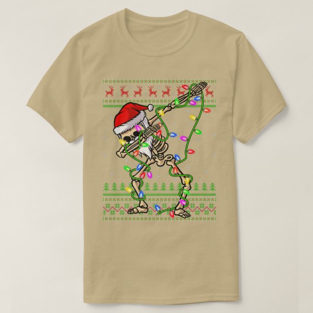 Dabbing Skeleton Xmas Lights Ugly Santa Skeleton C T-Shirt (Design Front)