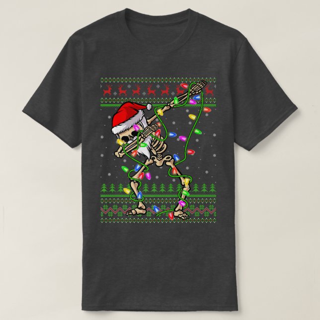 Dabbing Skeleton Xmas Lights Ugly Santa Skeleton C T-Shirt (Design Front)