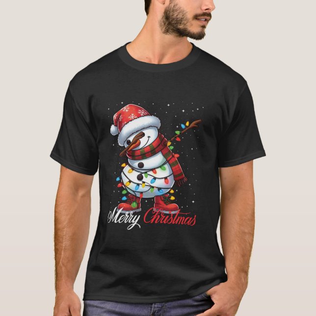 Dabbing Snowman Merry Christmas Lights Santa Hat X T-Shirt (Front)
