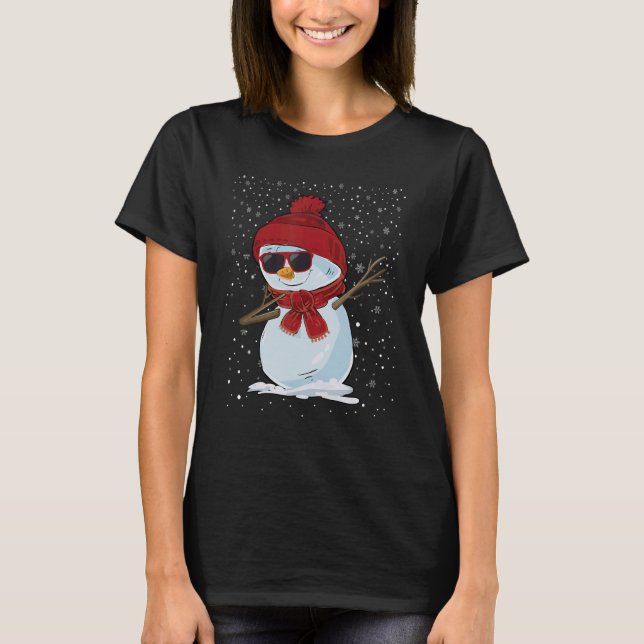 Dabbing snowman Santa Hat Sunglasses Christmas T-Shirt (Front)
