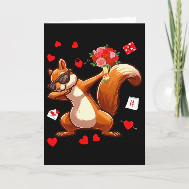 Dabbing Squirrel Holding Flowers Valentine's Day H Card (Front)