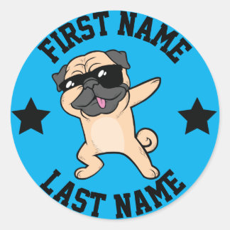 Dabbing Tan Pug First Last Name Classic Round Sticker
