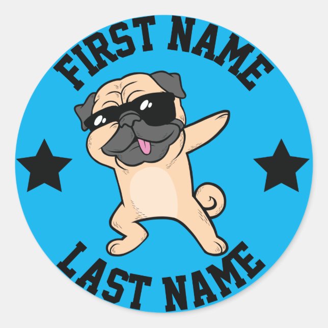 Dabbing Tan Pug First Last Name Classic Round Sticker (Front)
