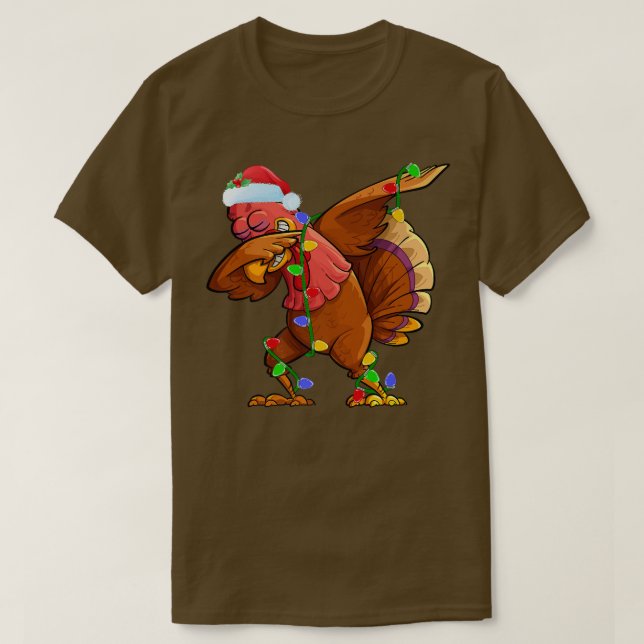 Dabbing Turkey Bird Xmas Lights Funny Santa Turkey T-Shirt (Design Front)