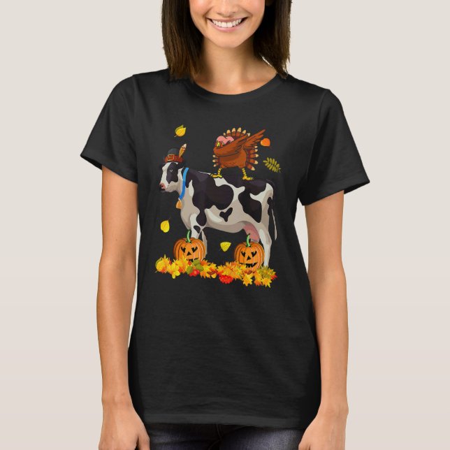 Dabbing Turkey Riding Cow Thanksgiving Turkey Cow T-Shirt (Front)