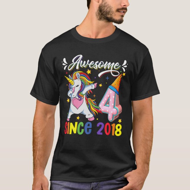 Dabbing Unicorn 4Th Birthday Awesome 2018 4 Year O T-Shirt (Front)