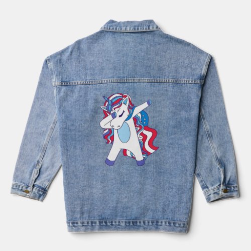 Dabbing Unicorn 4th of July Girls American Flag   Denim Jacket
