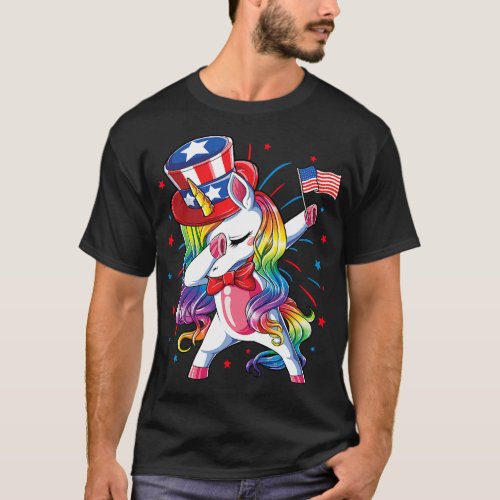 Dabbing Unicorn 4th of July Uncle Sam Girls Americ T_Shirt