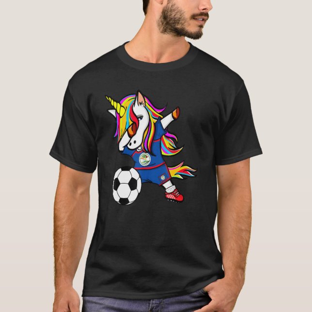 Dabbing Unicorn Belize Football Belizean Flag Socc T-Shirt (Front)
