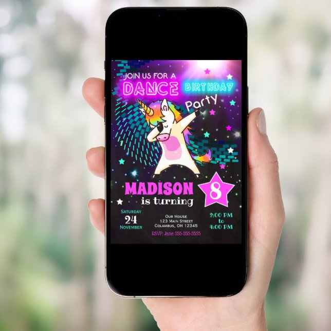 Dabbing Unicorn Birthday Invitation / Dance Party (Front Digital)