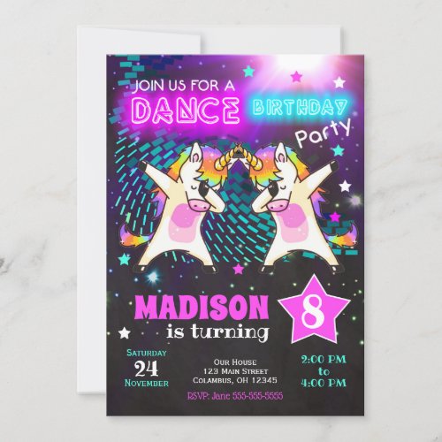 Dabbing Unicorn Birthday Invitation  Dance Party