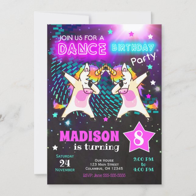 Dabbing Unicorn Birthday Invitation / Dance Party (Front)