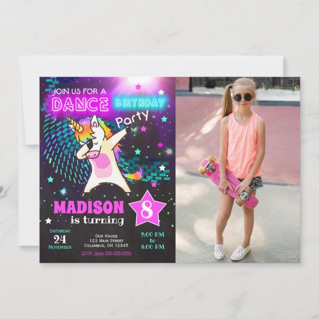 Dabbing Unicorn Birthday Invitation / Dance Party (Front)