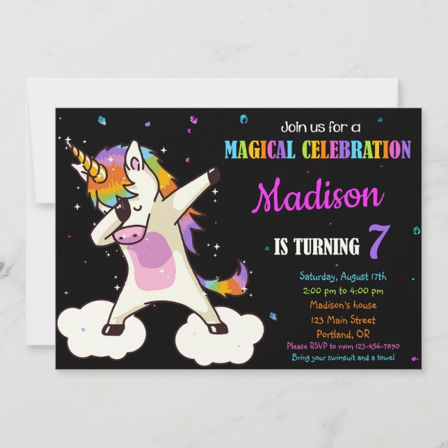 Dabbing Unicorn birthday invitation Magic party (Front)