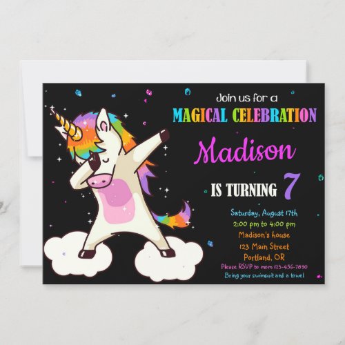 Dabbing Unicorn birthday invitation Magic party