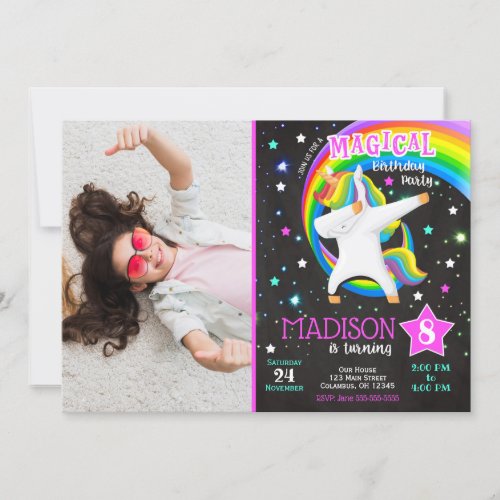 Dabbing Unicorn Birthday Invitation with Photo