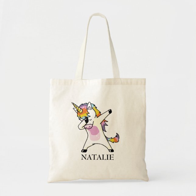 Dabbing Unicorn Fun Kids Girls Pink Personalized Tote Bag (Front)