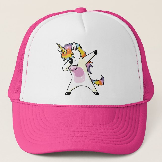 Dabbing Unicorn Funny Cute Rainbow Pink Trucker Hat (Front)
