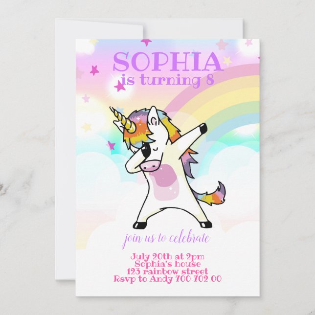 Dabbing Unicorn Funny Rainbow Girl Birthday Invitation (Front)