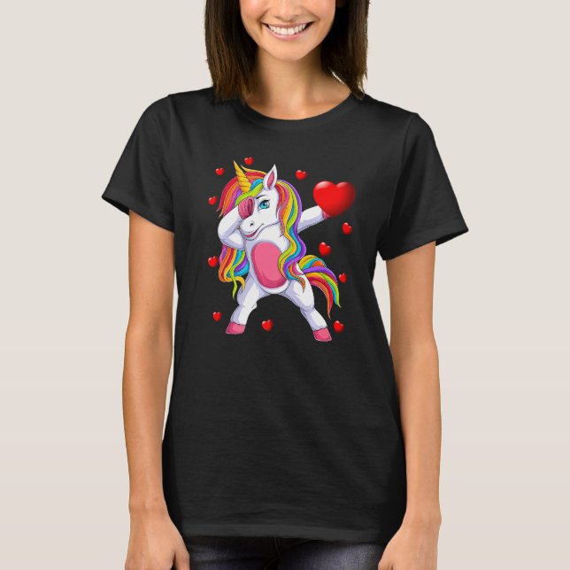 Dabbing Unicorn Funny Women Girls Heart Valentine' T-Shirt (Front)