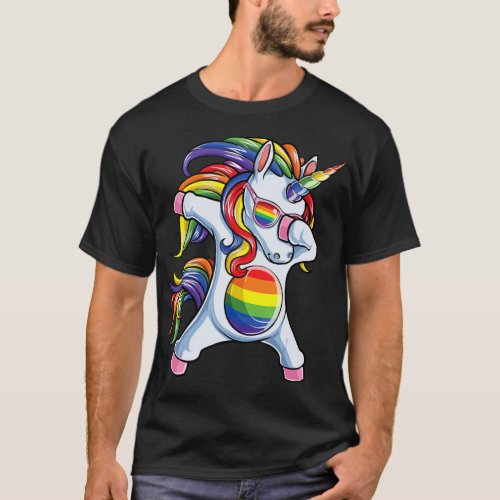 Dabbing Unicorn Gay Pride LGBT  Lesbian Rainbow Fl T_Shirt