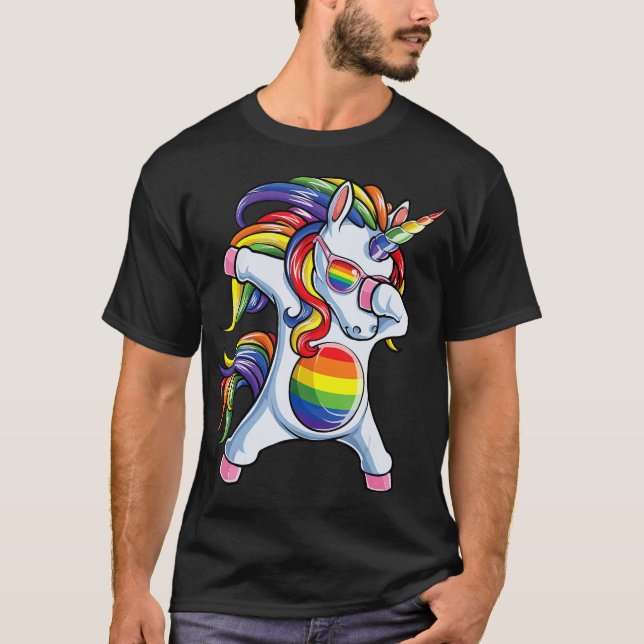 Dabbing Unicorn Gay Pride LGBT  Lesbian Rainbow Fl T-Shirt (Front)