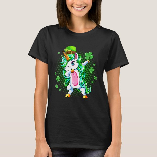 Dabbing Unicorn Girls Shamrock For St Patricks Day T-Shirt (Front)