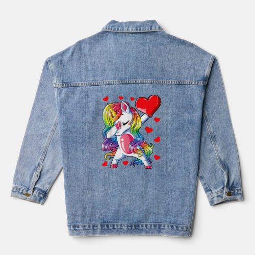 Dabbing Unicorn Heart Valentines Day Rainbow  Denim Jacket