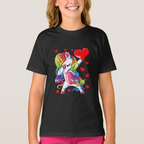 Dabbing Unicorn Heart Valentines Day Rainbow  T_Shirt