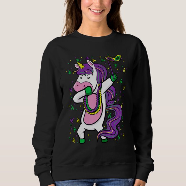 Dabbing Unicorn Jester Hat Mask Mardi Gras Festiva Sweatshirt (Front)