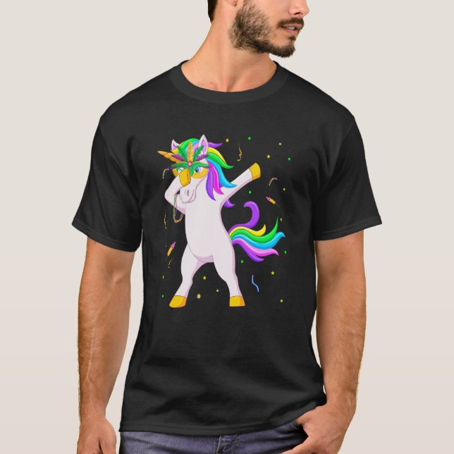 Dabbing Unicorn Mardi Gras Mask Beads New Orleans  T-Shirt (Front)