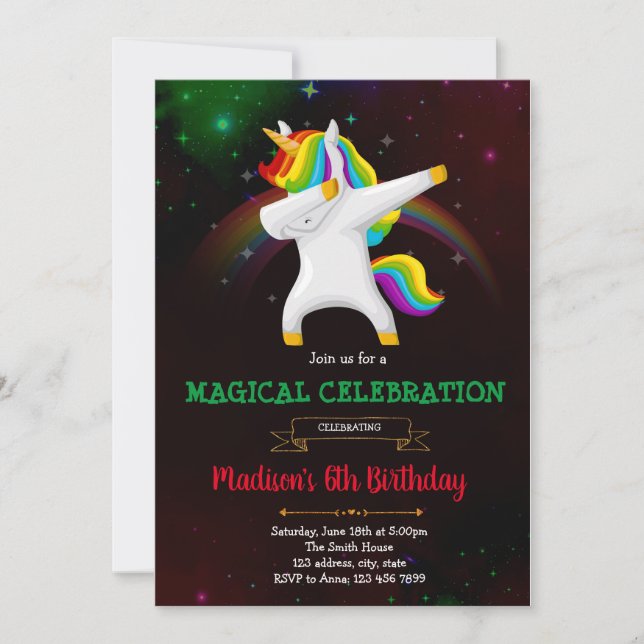 Dabbing unicorn party invitation (Front)