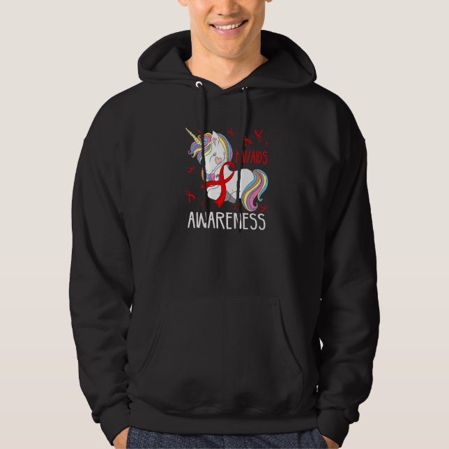 Dabbing Unicorn Red Ribbon Hiv Aids Awareness Supp Hoodie (Front)