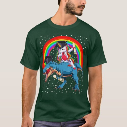 Dabbing Unicorn Riding T rex Dinosaur Rainbow Grad T_Shirt