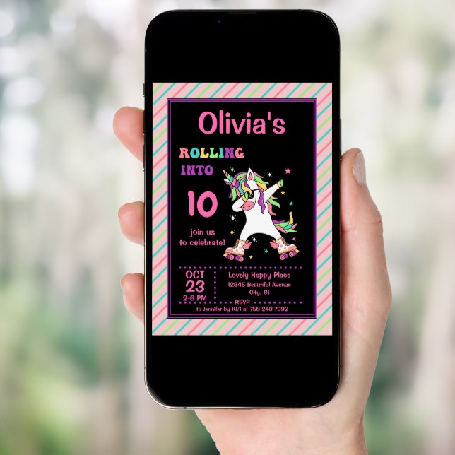 Dabbing Unicorn Roller Skating Birthday Party Invi Invitation (Front Digital)